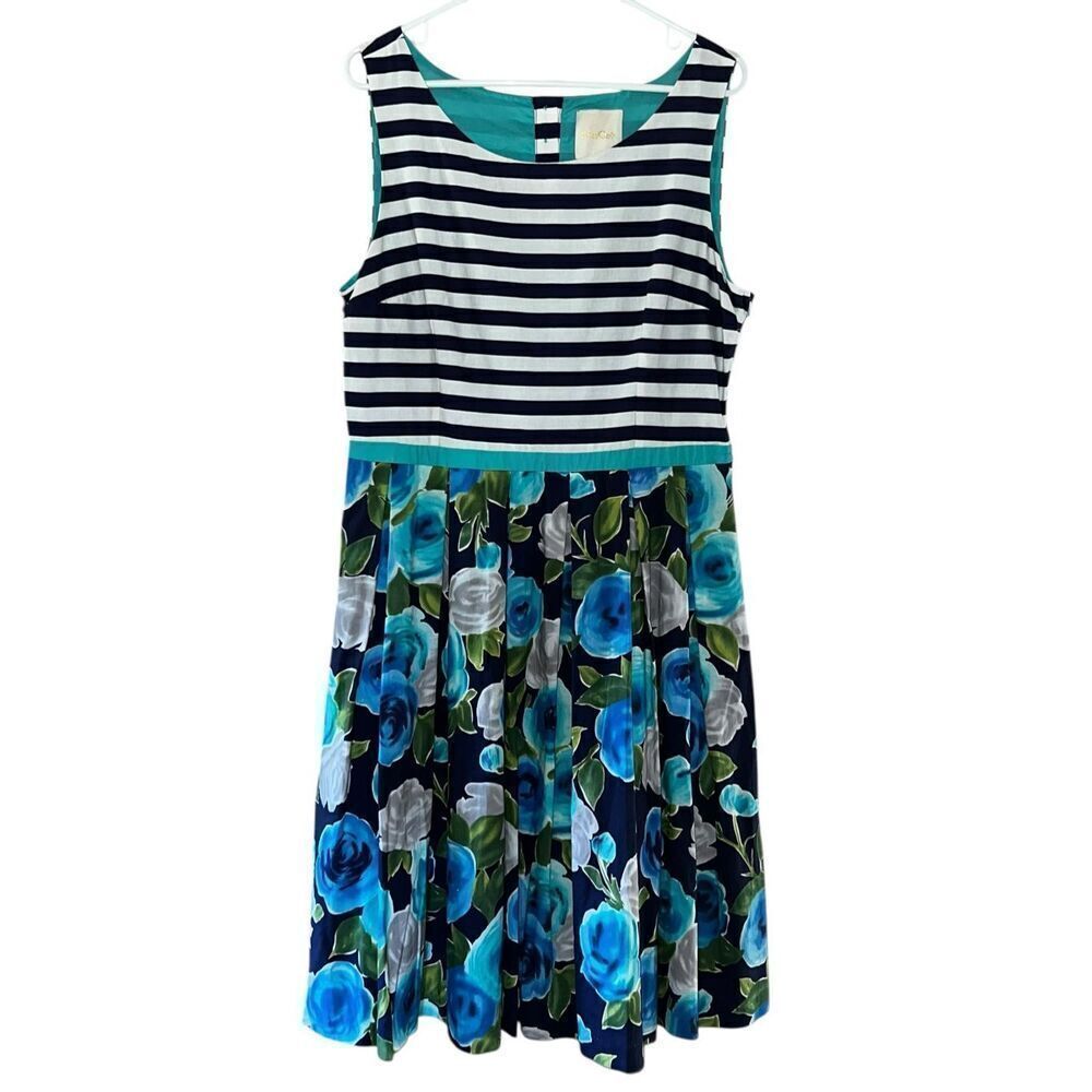 Modcloth XL Dress Floral Striped Boho Lilypad sleeveless twofer blue black